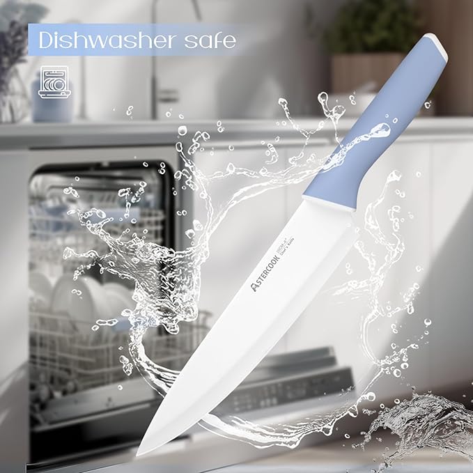 Astercook Kitchen Knife Set with Block and Sharpener 15 Piece Ceramic Coating German High Carbon Stainless Steel Knives Sharp Blade Dishwasher Safe Deba Knives with Ergonomic Handle, Delicate Blue