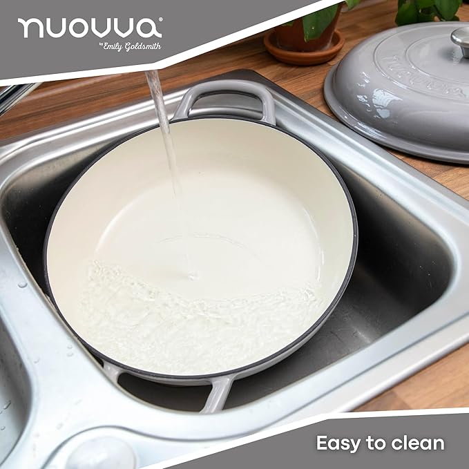Cast Iron Dutch Oven with Lid – Non Stick Shallow Dutch Oven Pot, Oven Safe up to 500° F – Sturdy Cooking Pot – Enamelled Stockpot Cookware – Gray, 3.7-Quart, 30cm – by Nuovva