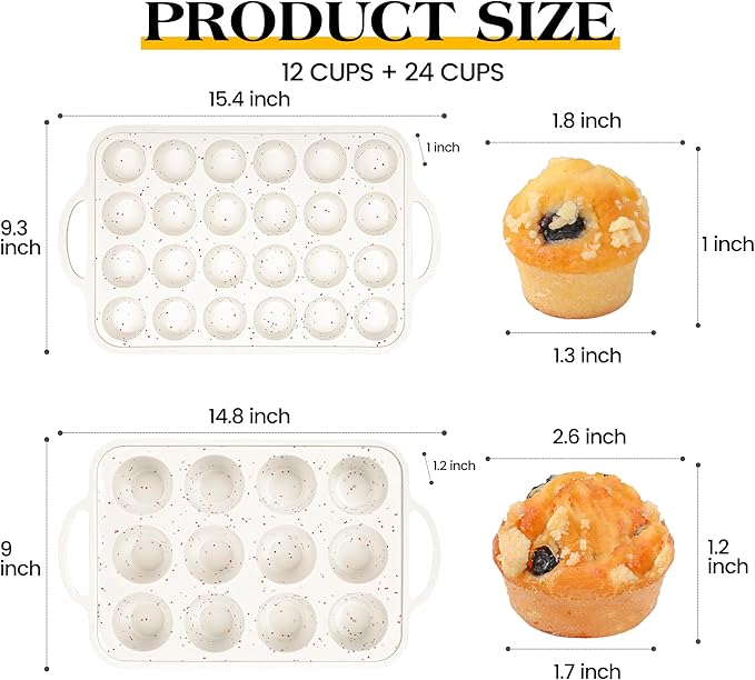 AOTASO Regular 12 Cup and Mini 24 Cup Nonstick Cupcake Pan Set Silicone Muffin Pan for Baking Silicone Cupcake Mold with Metal Reinforced Frame BPA Free (2 Pcs, Cream)