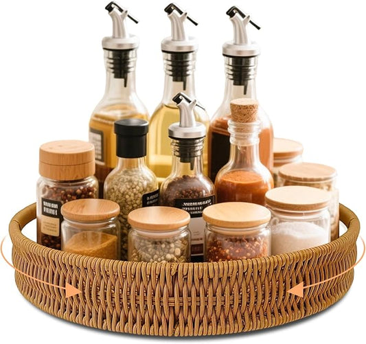 12 Inch Rattan Lazy Susan Turntable Organizer, Round Rotating Wicker Serving Tray with Handles for Kitchen Counter, Coffee Table, Cabinet Storage