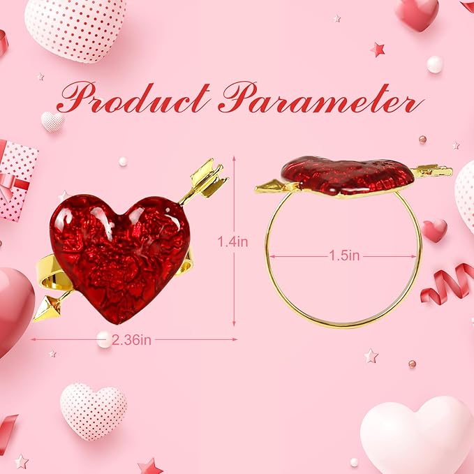 Red Heart Napkin Rings Serviette Holder Set of 8, Metal Love Napkin Ring with Gold Buckles for Valentine's Day, Wedding, Birthday Party, Thanksgiving Day, Christmas Day,Dining Table Decoration