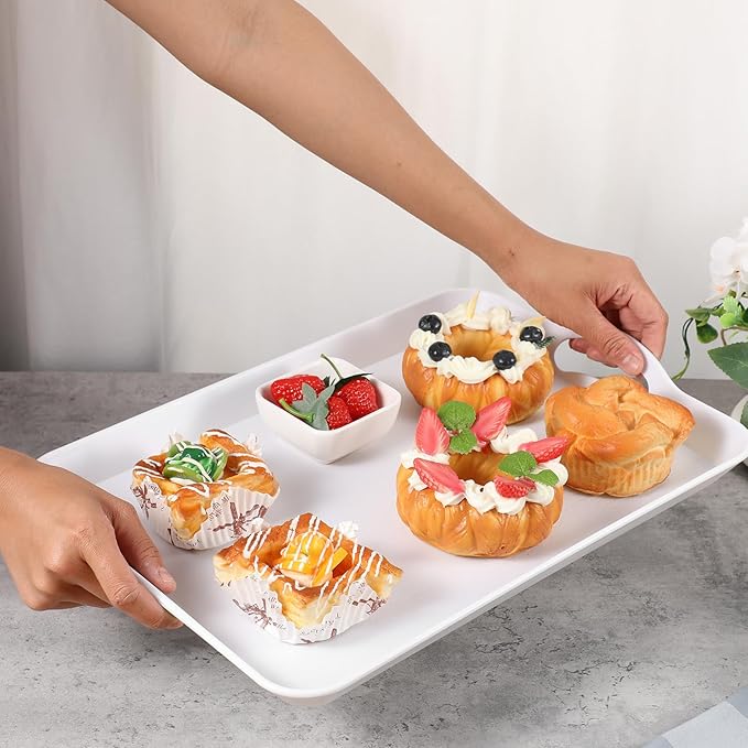 2 Pack Melamine Serving Trays with Handles, Large White Rectangular Serving Platter, Unbreakable, Suitable for Salad, Meat, Fruit Dessert, Cupcakes, Dishwasher Safe, 16.5×11×1.26 Inches