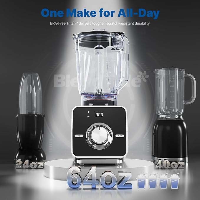 BlendTide Home Blender, 1400W High-Speed Blender for Ice Crushing Power, Stainless Steel Blades, Kitchen Timer, 10 Speeds, 6 Programs for Smoothies, Frozen Drinks, Self-Cleaning, 64oz Bulk Production