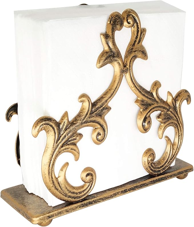 Owlgift Baroque Bronze Napkin Holder – Decorative Metal Tissue Rack for Tabletop, Mail, or Bill Organizer – 6 x 2 x 5.3 Inches, Rustic Finish for Home or Restaurant Use