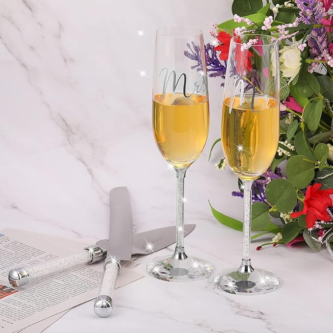 Wedding Cake Knife and Champagne Flutes Server Set | Bride & Groom Champagne Glasses | Toasting Glasses for Parties and Cake Cutting Set – for Wedding, Engagement, Bridal Shower Gifts(Silver)