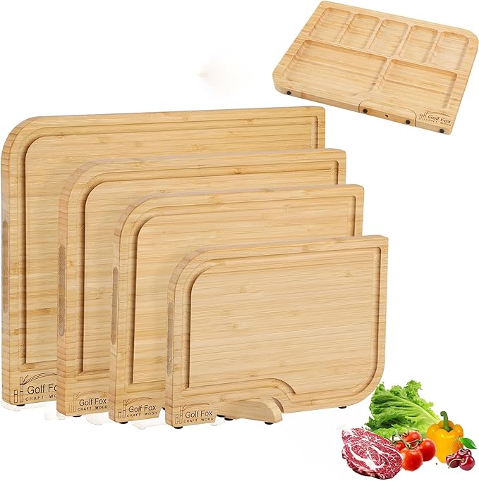 4-PCS Bamboo Cutting Board Set with Innovative Stand - Durable Double Sided Wooden Cutting Board with Juice Groove & Handle for Meal Prep, Meat, Charcuterie Serving, Eco-Friendly Healthy Kitchen Gift