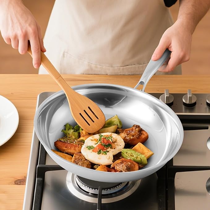 Ranbomer Stainless Steel Pan，Non-Toxic PFAS, PFOA & PTFE Free, Compatible With All Cooktops & Induction Safe, Oven Safe Pan for Searing & Sautéing, Long Lasting Cookware. (12 Inch)