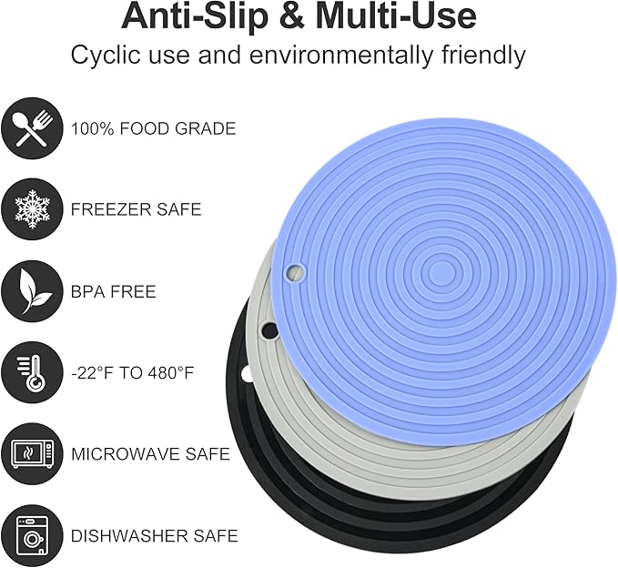 Grey Silicone Trivets Mats for Hot Pots and Pans, Heat Resistant Mats Pot Holders, Flexible Hot Pads for Kitchen Table, Non Slip Silicone Mats, Dia11.81 Big Round Microwave Cover Mats Set 2
