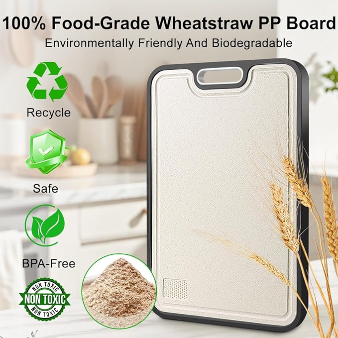 Titanium Cutting Boards for Kitchen, 2-in-1 Double Sided Food-Grade Pure Titanium&Wheat Straw PP, Non-Toxic, Non-Slip, Dishwasher Safe, Ideal for Meat, Vegetables, Fruit(Ti Silvery White, 16"L x 11"W)