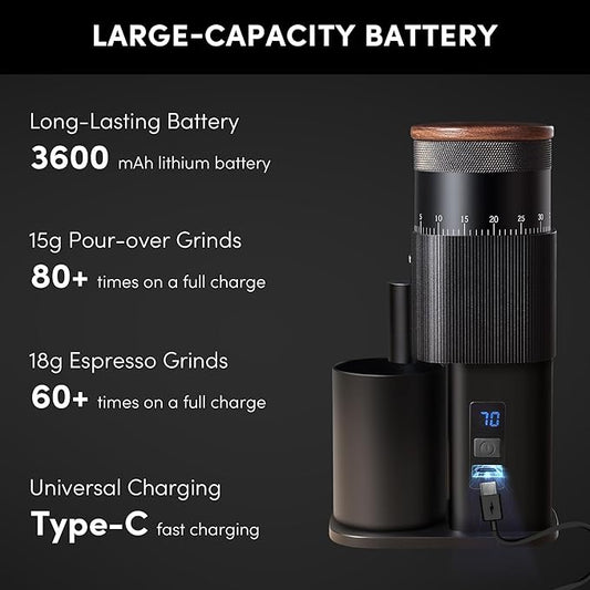 Coffee Grinder,Wirsh Portable Cordless Rechargeable Coffee Grinder Geimori T38 with Conical Burrs,3600mAh Batteries,Grind Settings for Espresso,Pour Over,French Press,Camping,Travel&Home Use