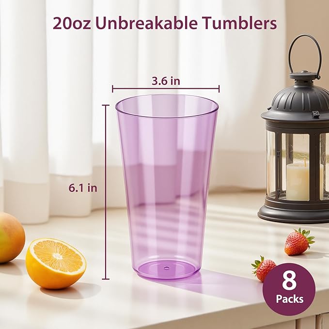 20oz Plastic Tumblers (Set of 8), Multiple Colors Reusable Water Cups, BPA-Free, Shatter-Proof, Dishwasher & Microwave Safe, Stackable Drinking Glasses for Home, Outdoor, Camping, Picnic, Pool