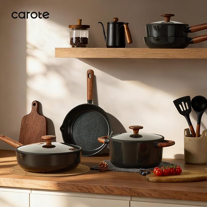 CAROTE ceramic cookware set,nonstick pots and pans，14PCS Non Toxic Healthy Non Stick Kitchen Cooking Pots and Frying Pans Set, PFAS PTFE Free