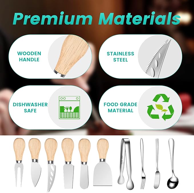Charcuterie Board Accessories Wooden Cheese Spreader Knive Set, Wood Handle Butter knives For Cheese Kit, Mini Cheese Knife Slicer With Tongs, Spoons, Forks,Honey Dipper (23 Pack)