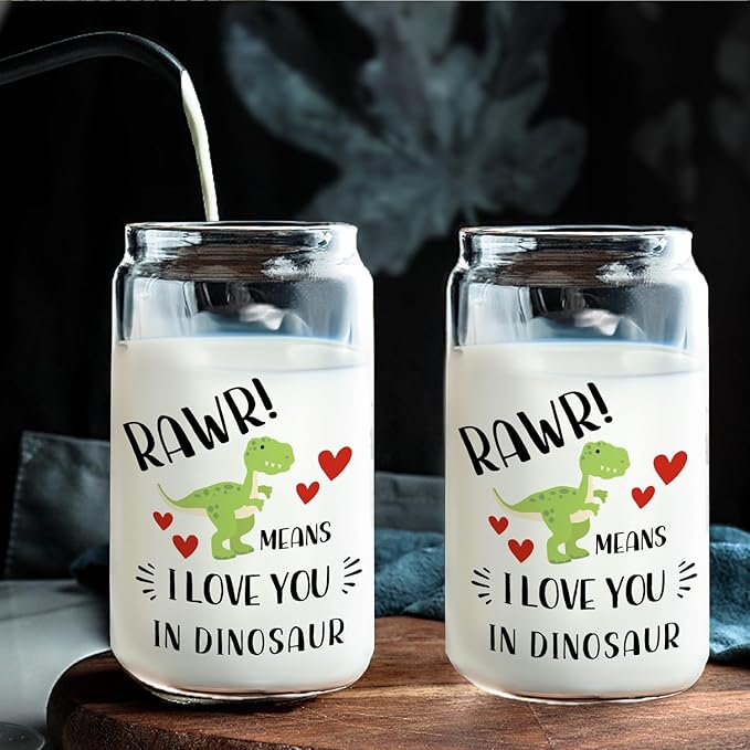 Dinosaur Glass Cup with Lids and Straws 14oz Gifts for Boys Girls Kids Adults, Rawr Means I Love You in Dinosaur Glass Iced Coffee Tumbler Drinking Jars with Cleaning Brush