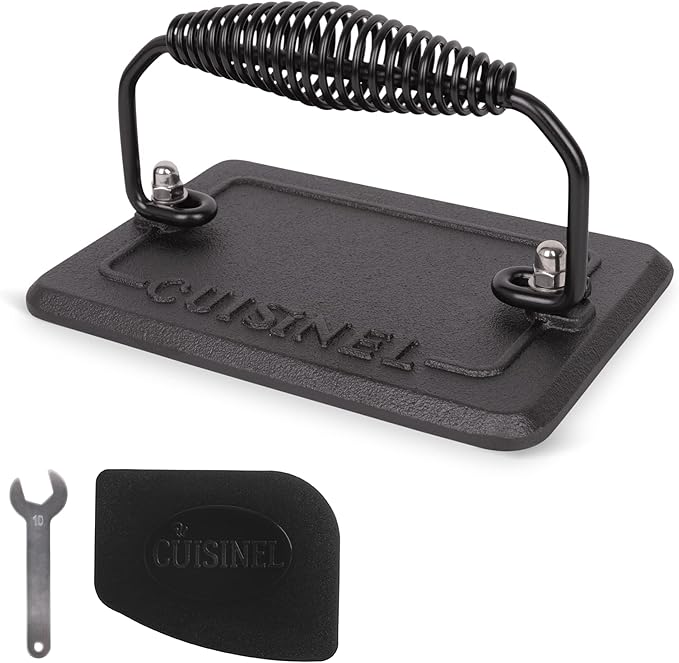 Cuisinel Grill Press - Cast Iron Burger Press for Bacon, Steak & Hamburgers - 6.75" x 4.5" Rectangular Pre-Seasoned 2.8-lb. Weight Sandwich Maker - Griddle, BBQ Accessory - Comfort-Grip Handle
