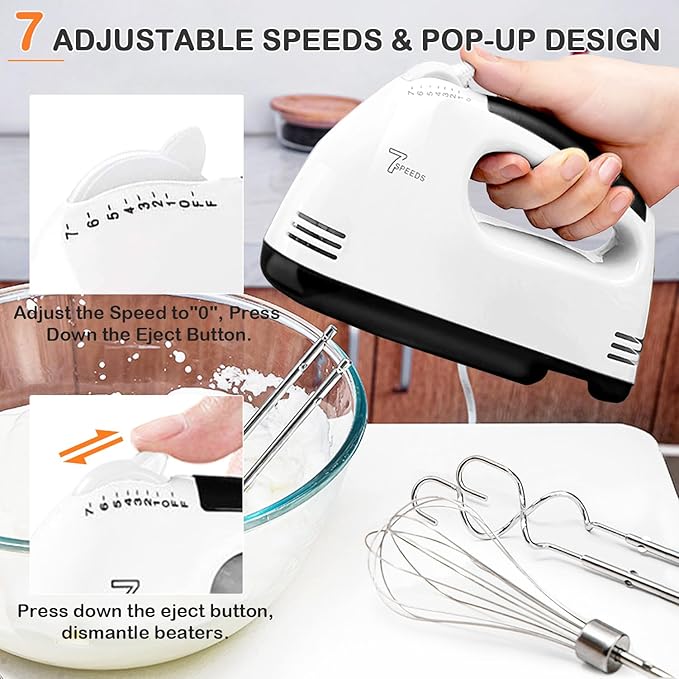Showvigor 7-Speed Electric Hand Mixer with 5 Stainless Steel Accessories, Eject Button Handheld Whisk Food Beaters for Blending or Cooking, Dishwasher Safe, Off-white