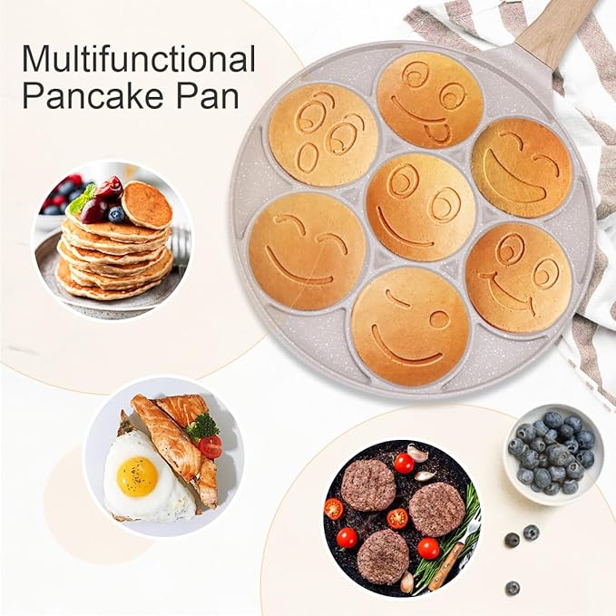 Pancake Pan Induction for Kids, Pancake Shapes Pan, Mini Pancakes Maker Nonstick Pancake Griddle 7 Holes Smiley Face Pancake Mold for Breakfast, 10 Inch (White)