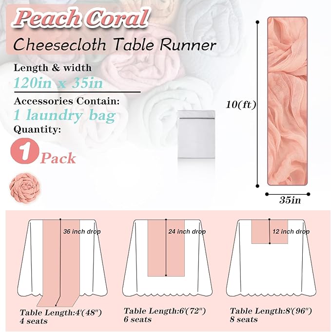 Peach Coral Cheesecloth Table Runner 1 Pack 35" Boho Gauze 120 inches Long Runner Rustic Sheer Fabric Bulk for Baby Shower Wedding Bridal Birthday Party Table Decorations