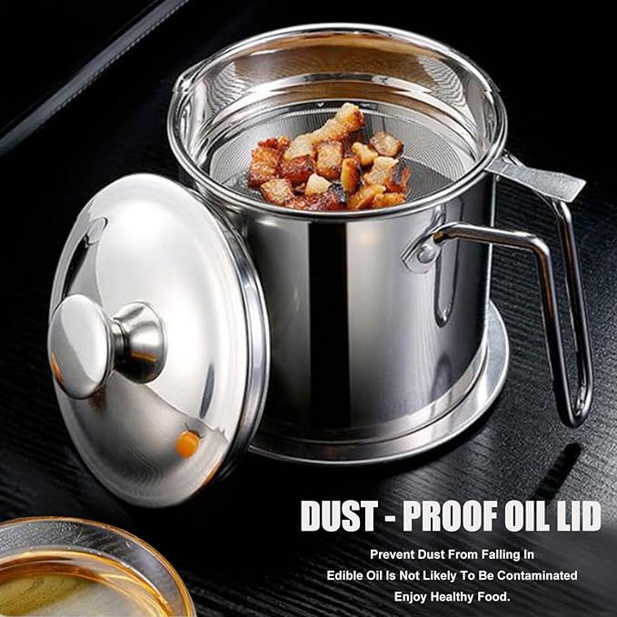 Bacon Grease Container With Removable Strainer Snug Lid Coaster Tray Stainless Steel Oil Container with Handle for frying oil bacon drippings Cooking Grease 1.3L(46 fl. oz.) (Style A)