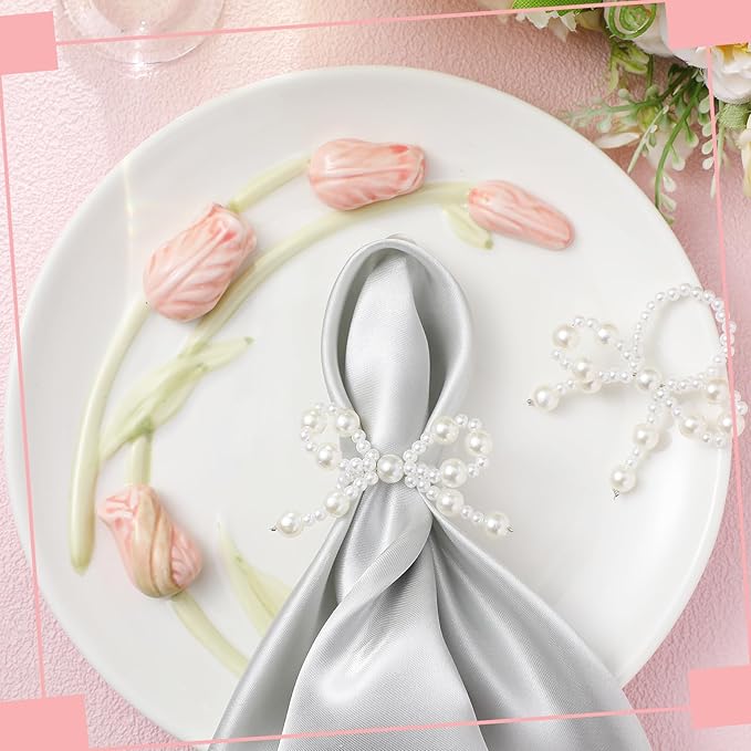 12 Pcs Pearl Bow Napkin Rings Imitation Bow Pearl Ring Napkin Holder Delicate Beaded Serviette Buckles for Christmas Wedding Party Dinner Table Decor and Daily Use