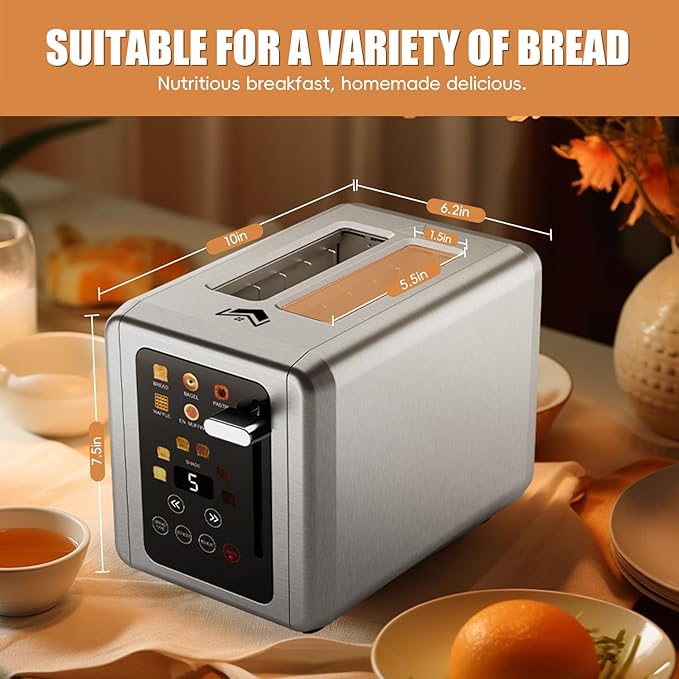 WUNLY Touch screen Toaster 2 slice,Stainless Steel Digital Timer Toasters with Sound Function,6 Bread Types & 6 Shade Settings,Smart Extra Wide Slots Toaster with Bagel,Defrost Functions,Platinum
