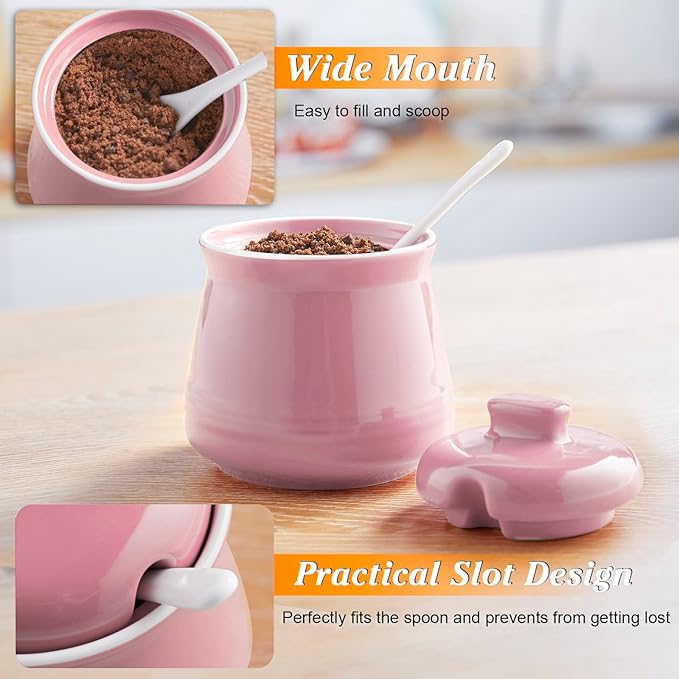 Sugar Bowl with Lid and Spoon - 12 oz Ceramic Sugar Bowl with Spoon - Sugar Container for Coffee Bar - Sugar Jar Sugar Dispenser Bowl - Pink Kitchen Decor and Accessories