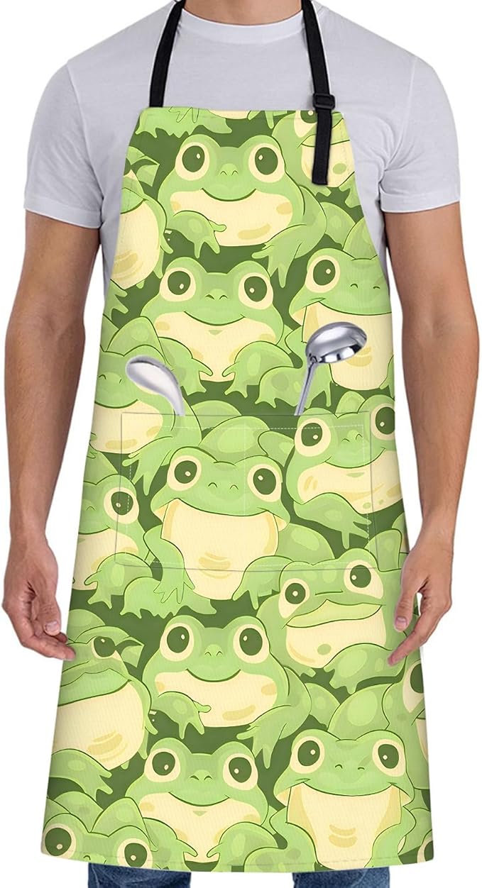 Cute Frog Apron for Women Men,28x33in,Fun Cartoon Kitchen Aprons with 2 Pockets,Oxford Fabric,Playful Adjustable Apron for Cooking Baking Gardening Chef,Gifts for Mom Wife