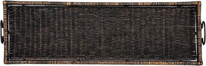 Creative Co-Op Black Rattan & Wood Tray with Handles