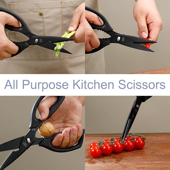 Kitchen Shears Come Apart Kitchen Scissors with Serrated Blade Premium Black Titanium Plated Stainless Steel Shears for Food Heavy Duty Chicken Bone Fish Nutcracker Can Opener 02A