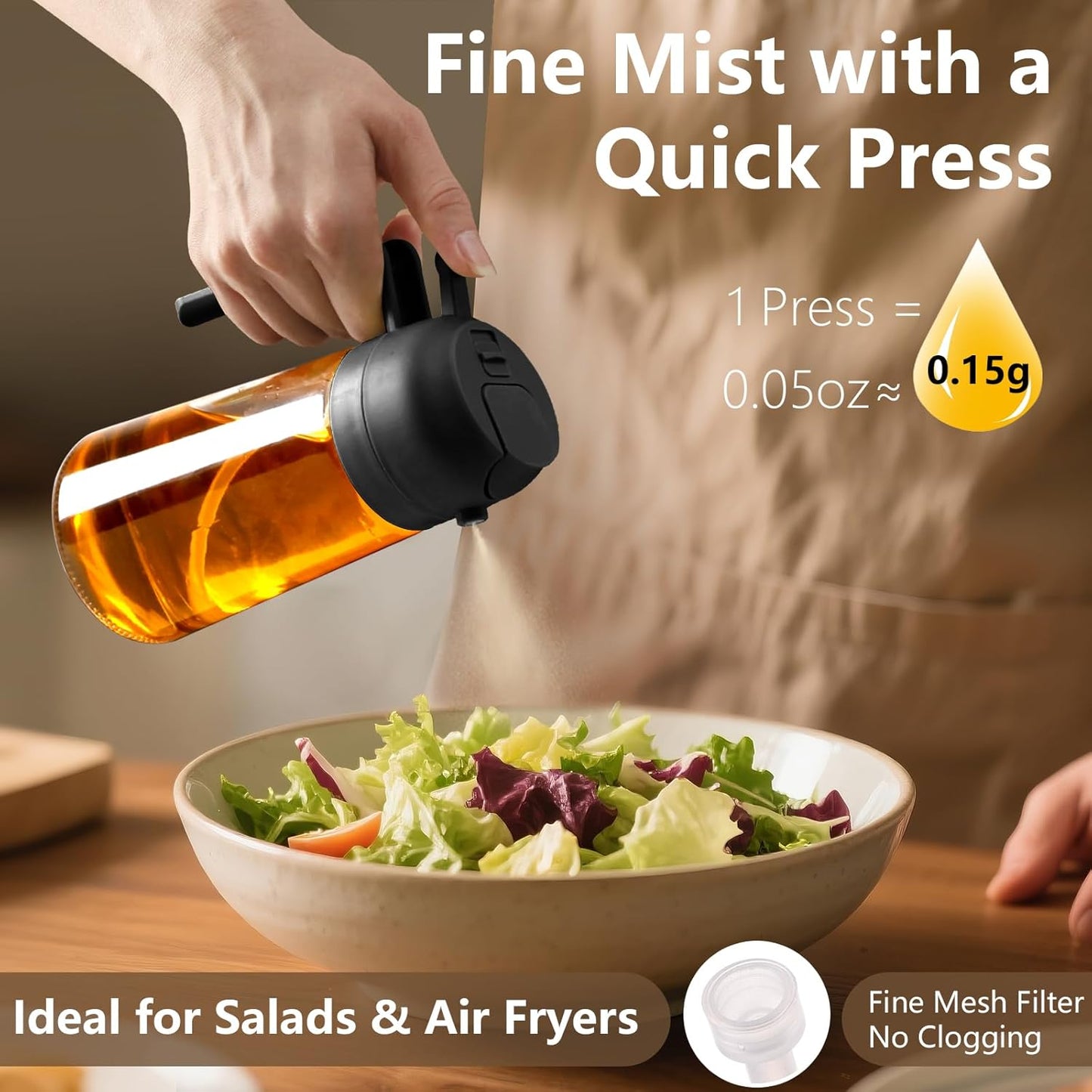 2PCS Oil Sprayer for Cooking, 470ml 2 In 1 Sprayr & Pour, Glass Olive Oil Dispenser Pourer for Kitchen, Air Fryer, Cooking, Salad, BBQ (Black,Black)