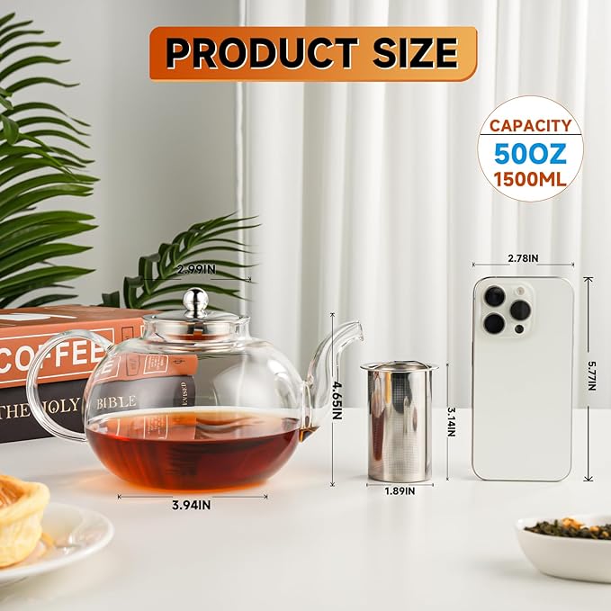 50OZ/1500ML Glass Teapot Set with 4 Double Wall Teacups & Removable Infuser, Stovetop & Microwave Safe Clear Tea Maker Water Kettle with 7OZ/200ML Tea Cups for Loose Leaf Blooming Tea