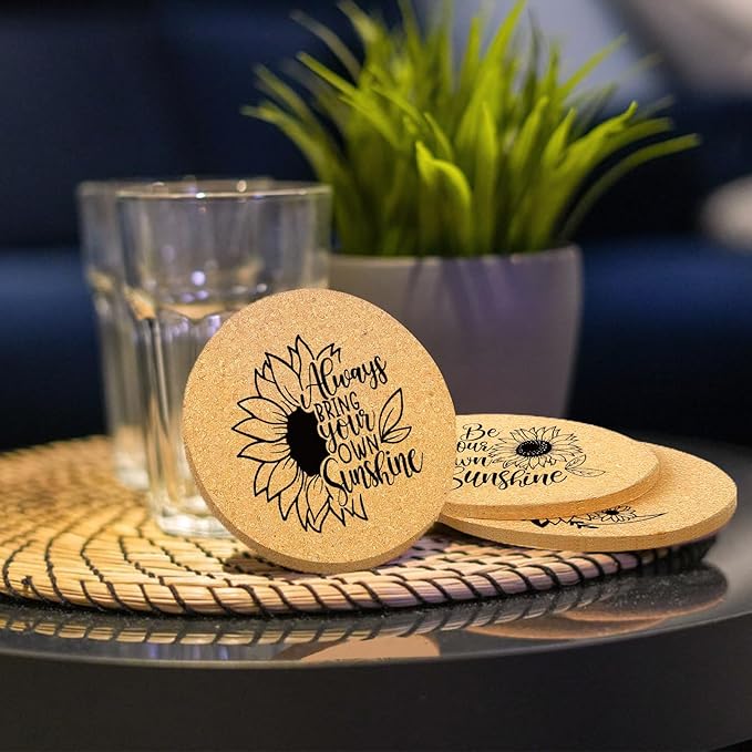 Coasters for Drinks with Holder Set of 6, Sunflower Absorbent Cork Wood Coaster for House Warming Gifts New Home Couples for Cup Desk Table Office Kitchen Decor, Round 4"
