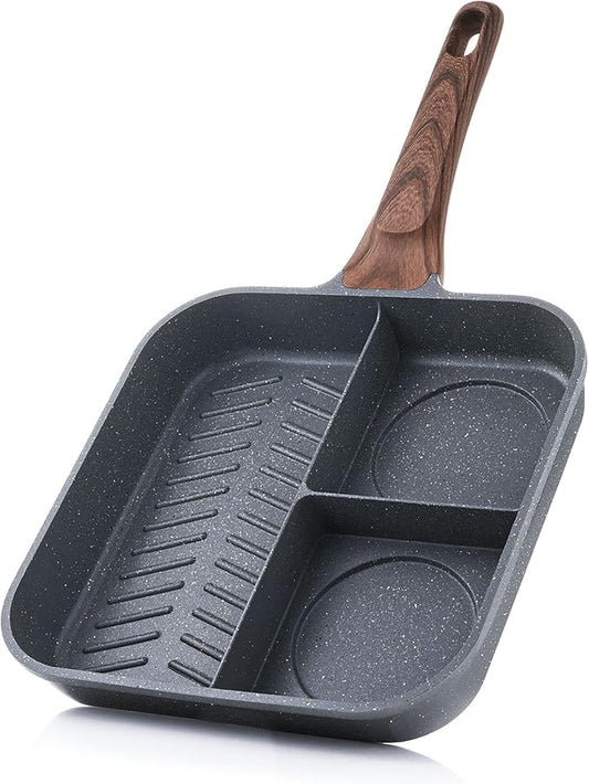 SENSARTE Nonstick Divided Grill Pan for Stove Tops, 3-Section Versatile Breakfast Grilling Pan, Durable Square Grill Skillet, Steak Griddle Pan, PFOA, PFOS, APEO Free, Induction Compatible, 9.5 Inch