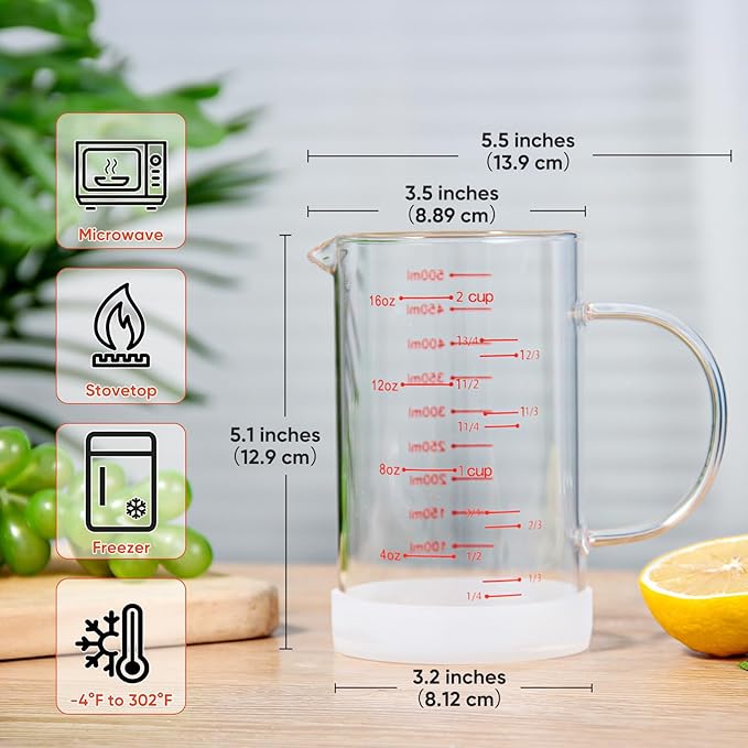 77L 2 Cup Glass Measuring Cup with Handle, High Borosilicate Glass Measuring Cup with V-Shaped and Three Scales (Cup, OZ, ML), Glass Liquid Beaker with Silicone Base, Double-Sided Measure Scales