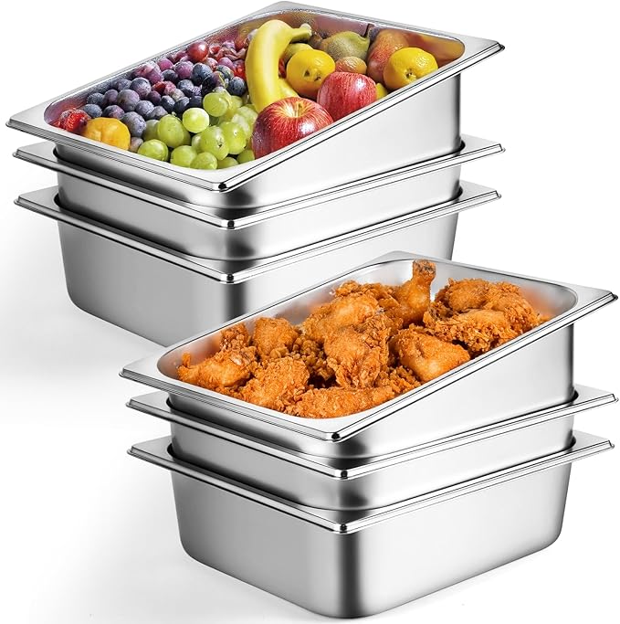 West Bay 6 Pack 1/2 Half Size Hotel Pan, 4'' Deep Steam Table Pans, 12.8''L x 10.4''W Stainless Steel Pans for Home, Party, Hotel, Buffet