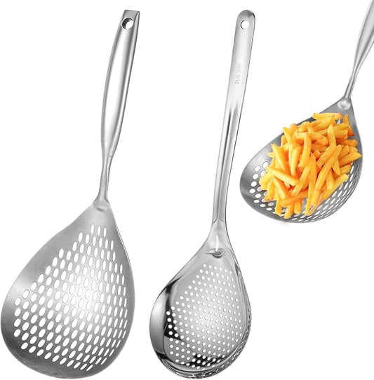 2 Pcs Skimmer Slotted Spoon, 304 Stainless Steel Skimmer Spoon Long Handle Spider Strainer Spoon Pasta Spoon Metal Ladle Spoon Fryer Scoop Wok Spatula for Cooking, Frying, Colander, Kitchen Utensils