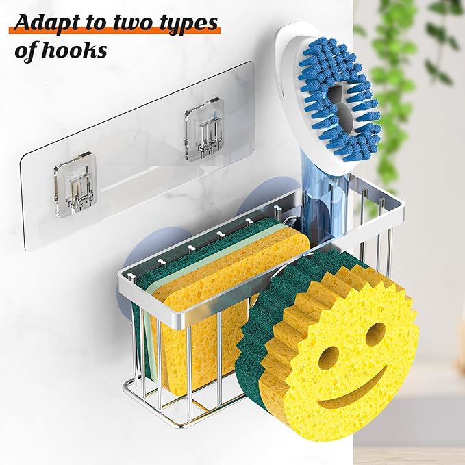 Sponge Holder Smiley Face, for kitchen Sink,Sponge Holder with 2 PCS Suction Cups/1 PCS Adhesive Strips,Designed for Sponge,Soap,Dish brush,Scrubber-Silver