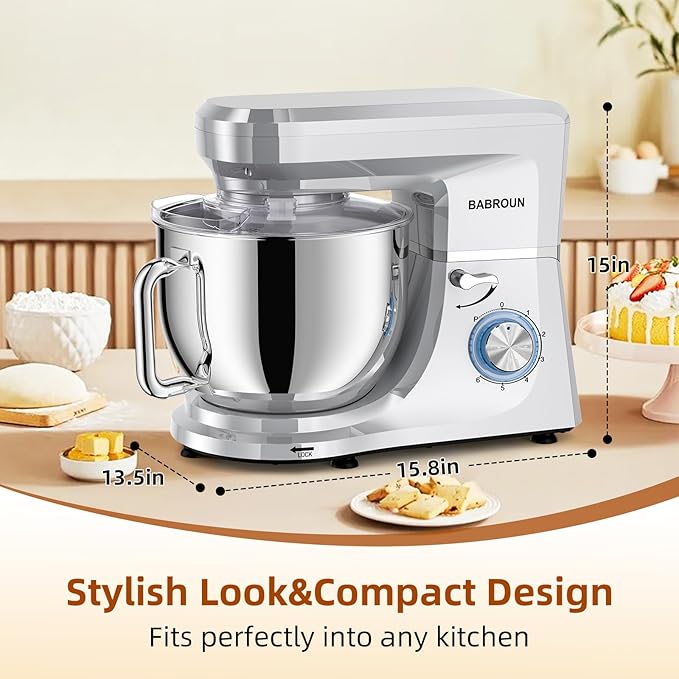 Babroun Dough Mixer 8.45 QT Electric Mixer - 660W 6 Speed Large Capacity Kitchen Stand Mixer with Whisk Dough Hook Mixing Beater Household Food Mixer for Baking Cakes Cookie Bread Salad