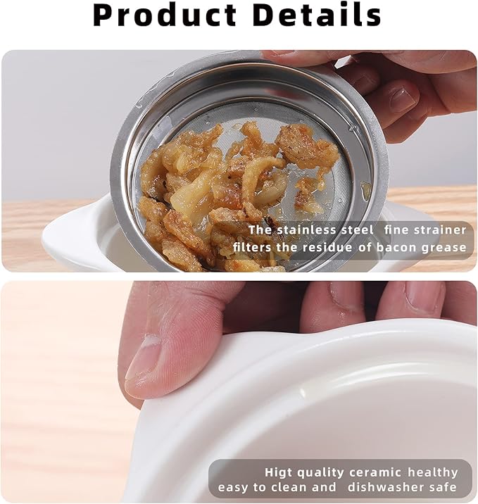 ONTUBE Ceramic Bacon Grease Container Keeper with Strainer, Frying Oil Storage Can, White