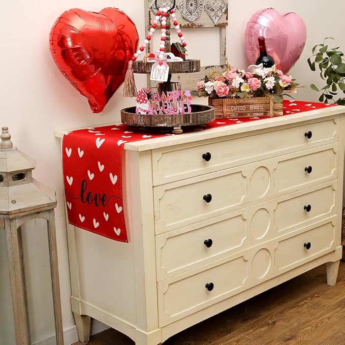 ARKENY Valentines Day Table Runner 36x13 Inches Love Heart Red Table Decor, Burlap Farmhouse Indoor Outdoor Holiday Anniversary Decoration for Home Party AT057-36