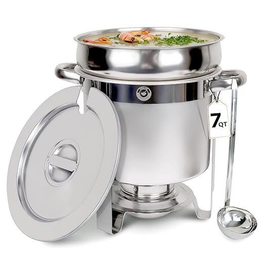 7 QT Soup Chafer Station with Contemporary Marmite Water Pan, Stainless Steel, Including Fuel Holder & 6 Oz Ladle - Perfect for Buffets, Catering, and Events