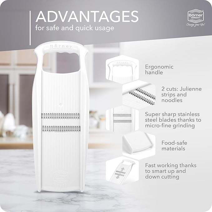 Börner by Reston Lloyd Roko PowerLine • Short & Long Vegetable Strips/Noodles & Safety Food Holder • Made in Germany, White