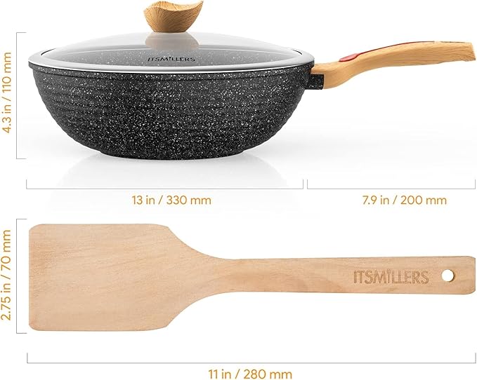 ITSMILLERS Nonstick Wok Aluminium Die-casting Chinese Wok, Scratch Resistant With Lid and Spatula, PFOA-Free, Dishwasher Safe & Induction Bottom,12 Inch,6L,Large Capacity