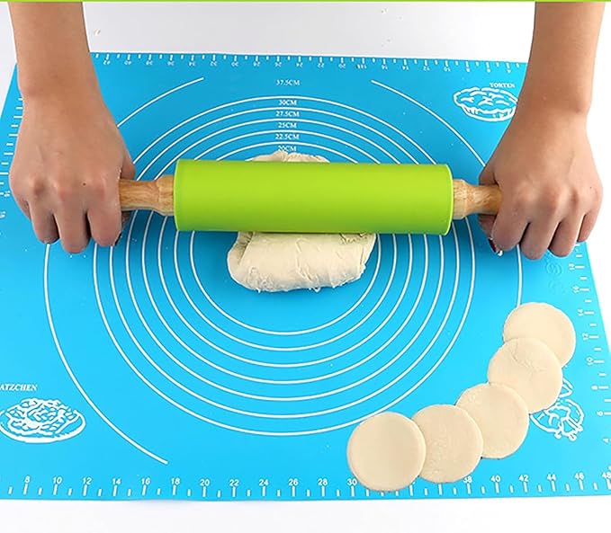 Silicone Rolling Pin, Green 11.4 Inch Pin with Wooden Rotatable Handle for Dough of Baking Bread, Cookie, Pizza (green, 9 inch) (green, 11.4 inch)