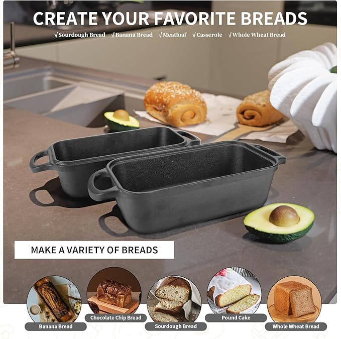 Blisswave Cast Iron Loaf Pan with Lid | Bread Baking Pans | Even Heat Distribution for Homemade Bread, Cake, Meatloaf | 2 Piece Set with 2 Bonus Bread Mats