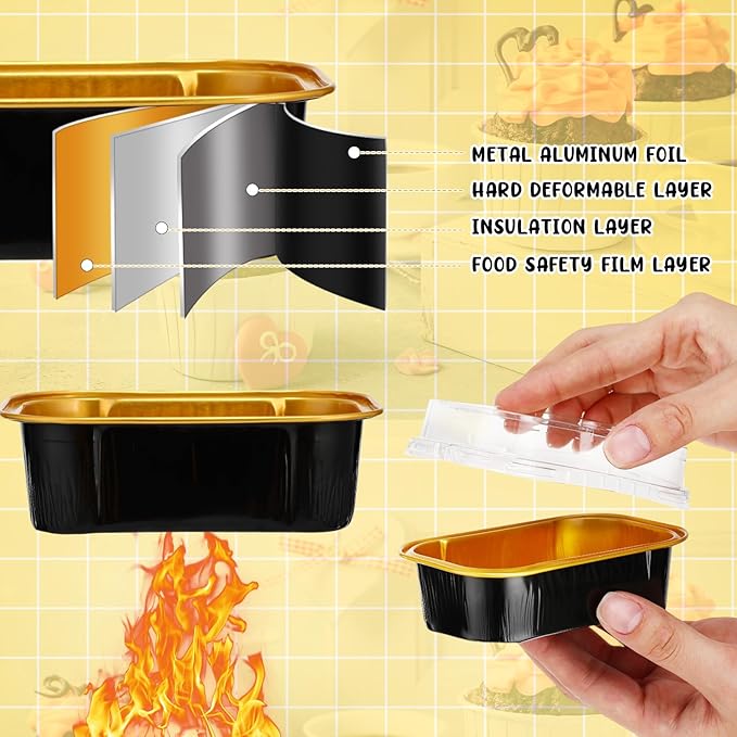 Vesici 100 Sets Mini Loaf Pans with Lids, 5.7 oz Disposable Aluminum Foil Baking Cups, Rectangle Cake Pans for Pudding Desserts Muffin Baking Storage Valentines Wedding Birthday Party(Black Gold)