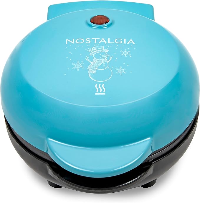 Nostalgia MyMini Personal Electric Snowman Waffle Maker, 5-Inch Cooking Surface, Waffle Iron for Hash Browns, French Toast, Grilled Cheese, Quesadilla, Brownies, Cookies, Blue