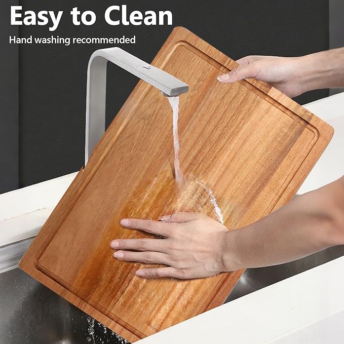 Acacia Wood Cutting Boards for Kitchen Set of 3, Chopping Board with Holder, with Deep Juice Groove Grip Handles, Charcuterie Boards, for Meat, Vegetables and Fruits and Cheese (Set A of 3)