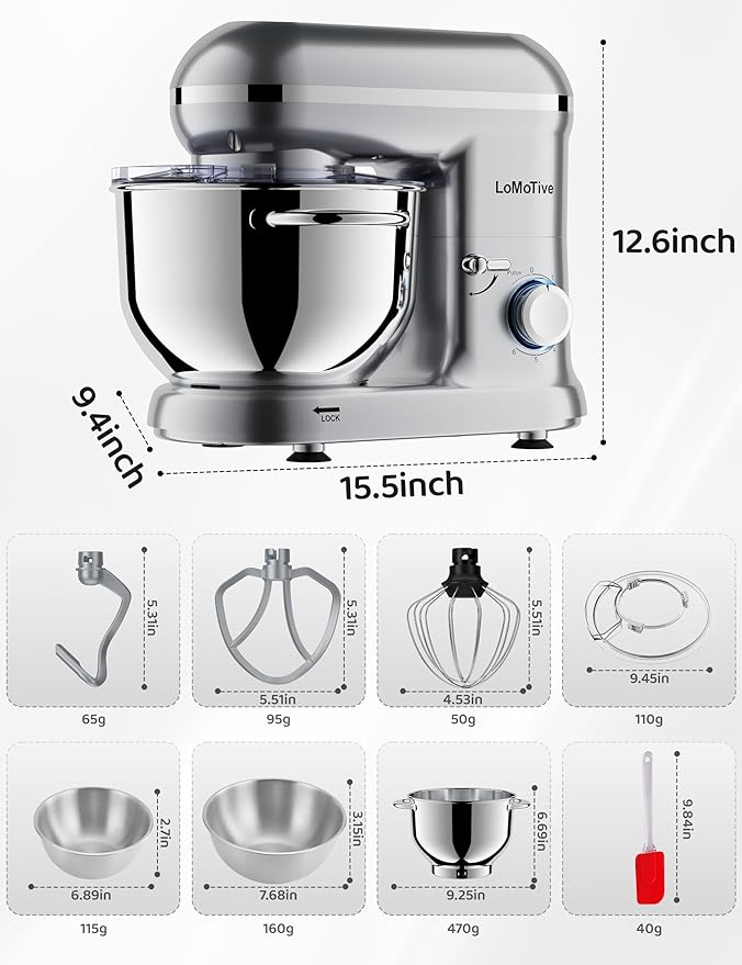 LoMoTive Stand Mixer 6QT Dough Maker - 660W Dough Mixer 6-Speed Electric Mixer with Egg Whisk Dough Hook Flat Beater for Home Kitchen SILVER