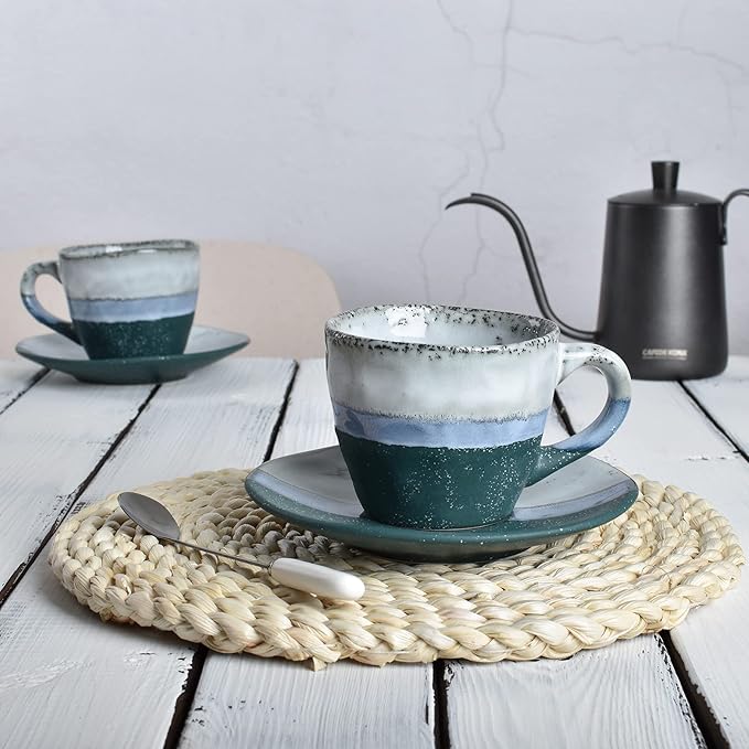 Bosmarlin Stoneware Coffee Cup Mug with Saucer Set of 2 for Latte, Cappuccino, Tea, Oz, Dishwasher and Microwave Safe (Green, 2)